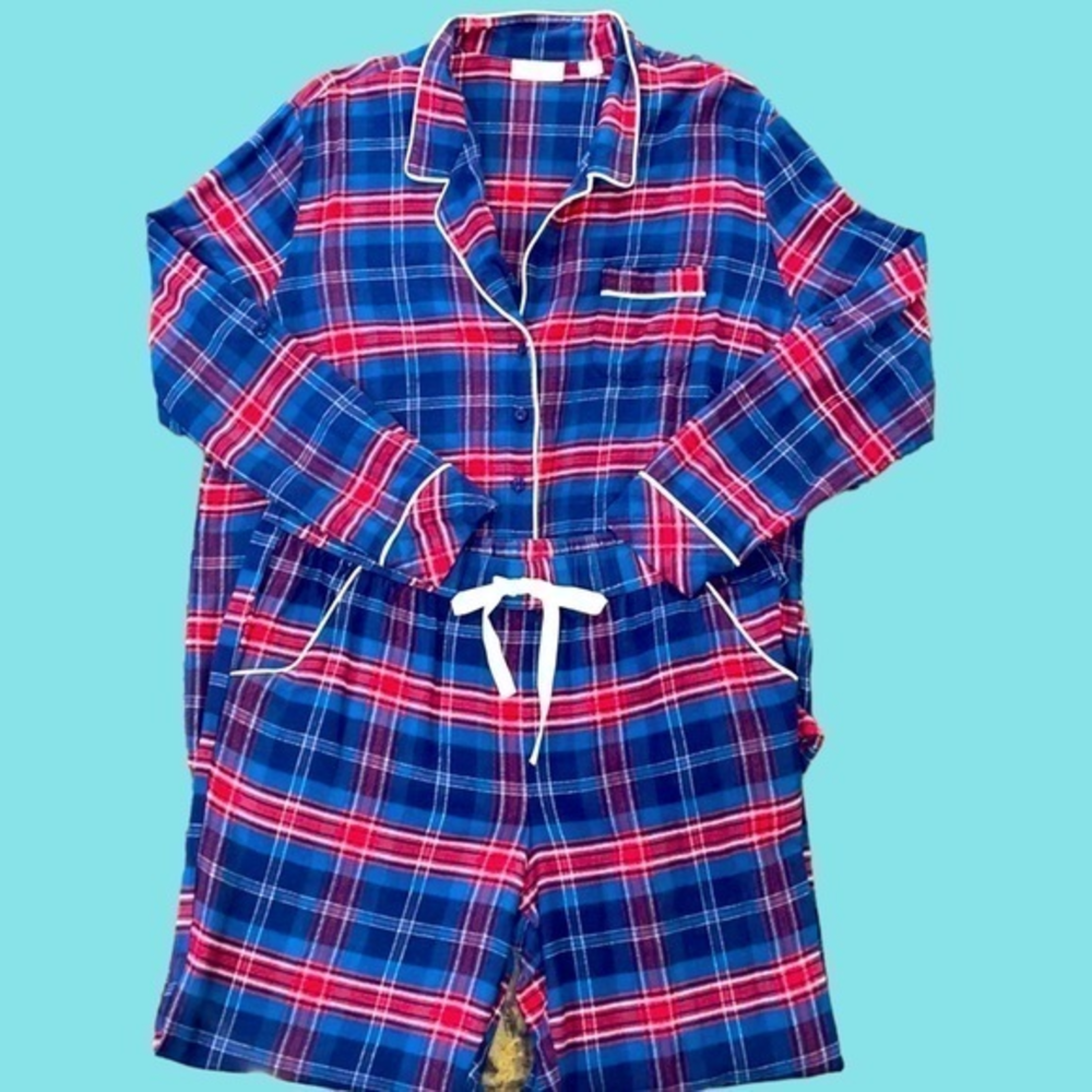 Nordstrom Lingerie Red  Blue Plaid 2 Piece Pajamas‎ Size Large